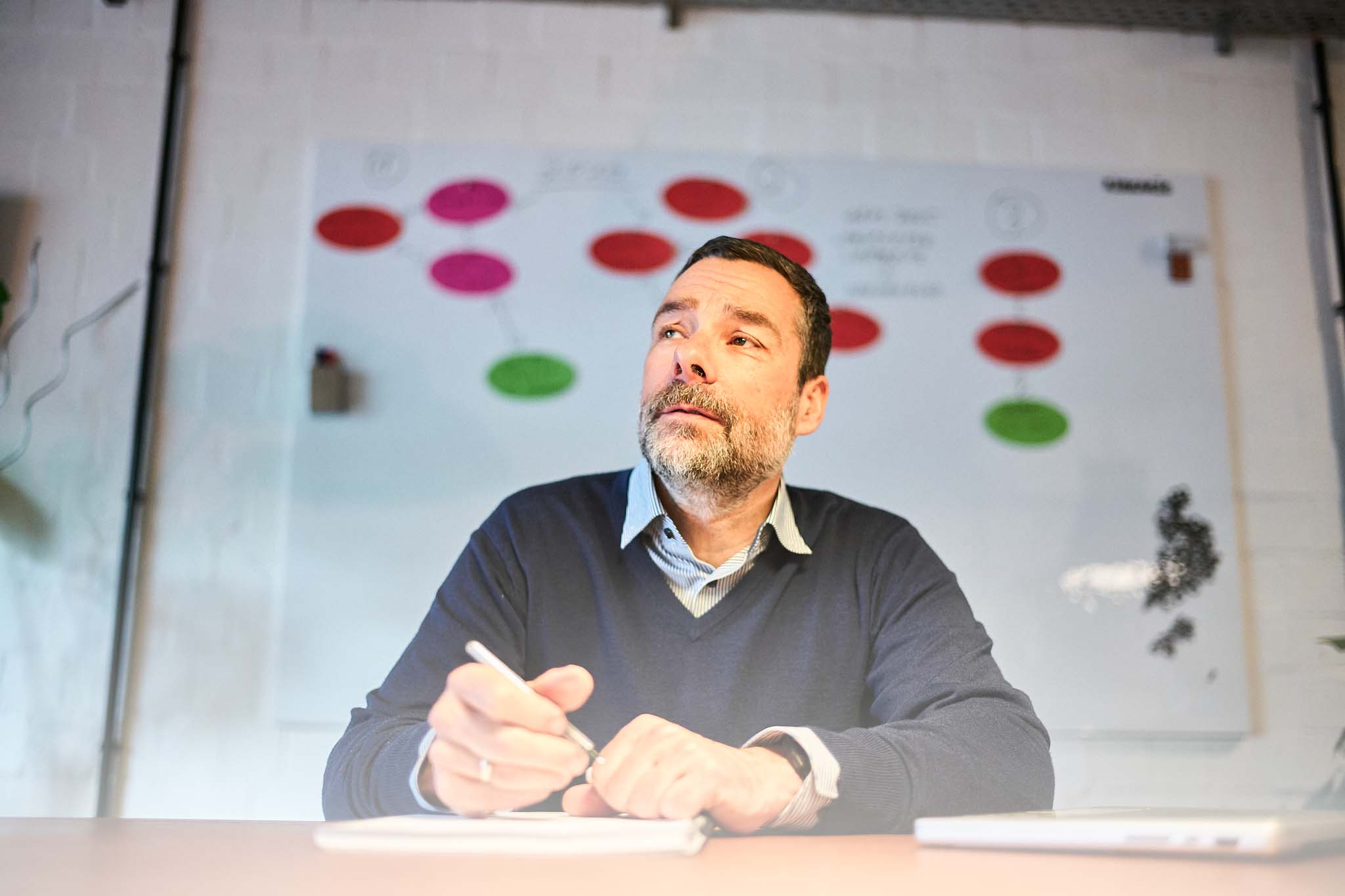 Matthias Henrichsen-Schrembs, Berater für Fachkräfte-Sicherung in sozialen Einrichtungen, erklärt Strategien vor Whiteboard.